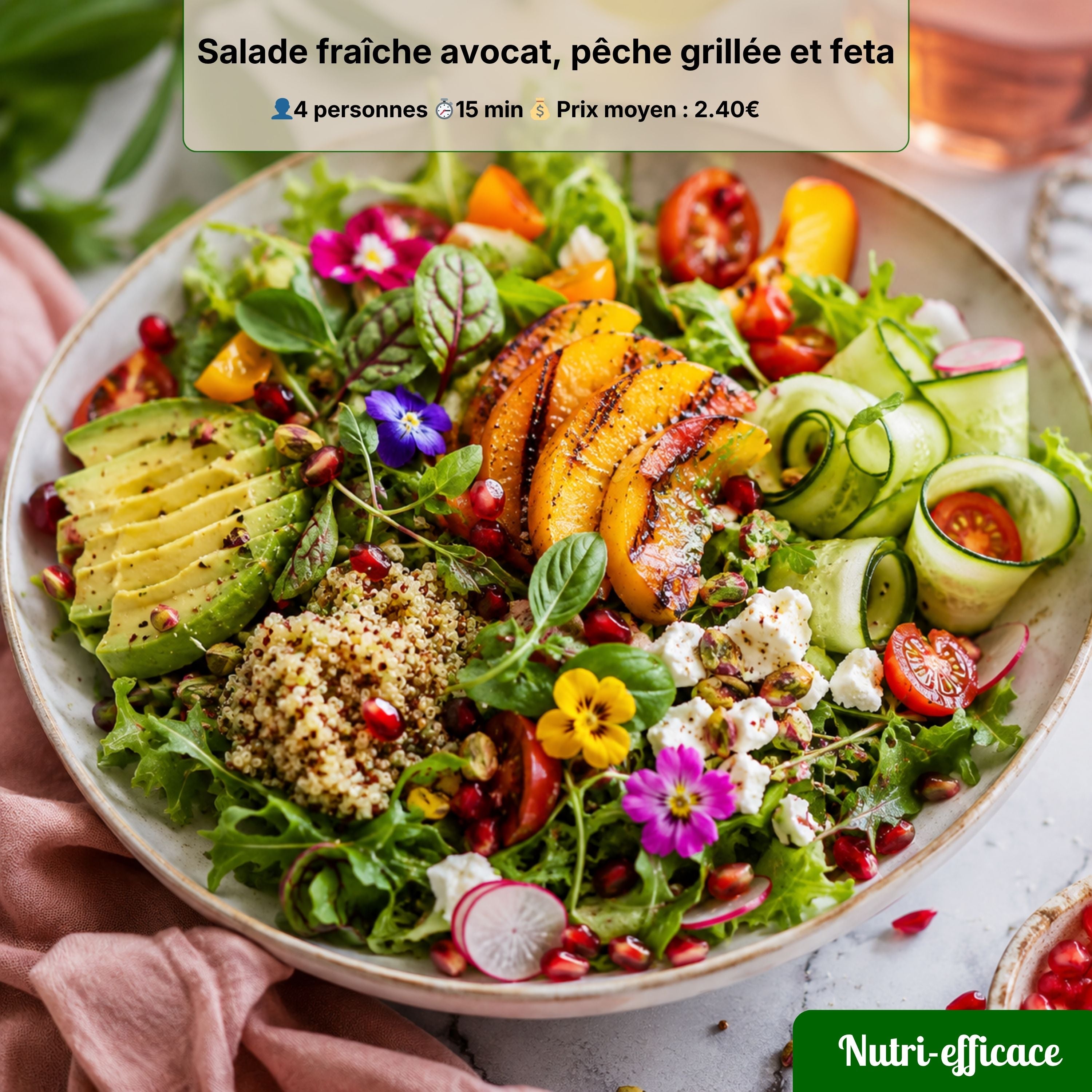 Salade fraîche avocat, pêche grillée, feta et quinoa, recette estivale colorée et équilibrée