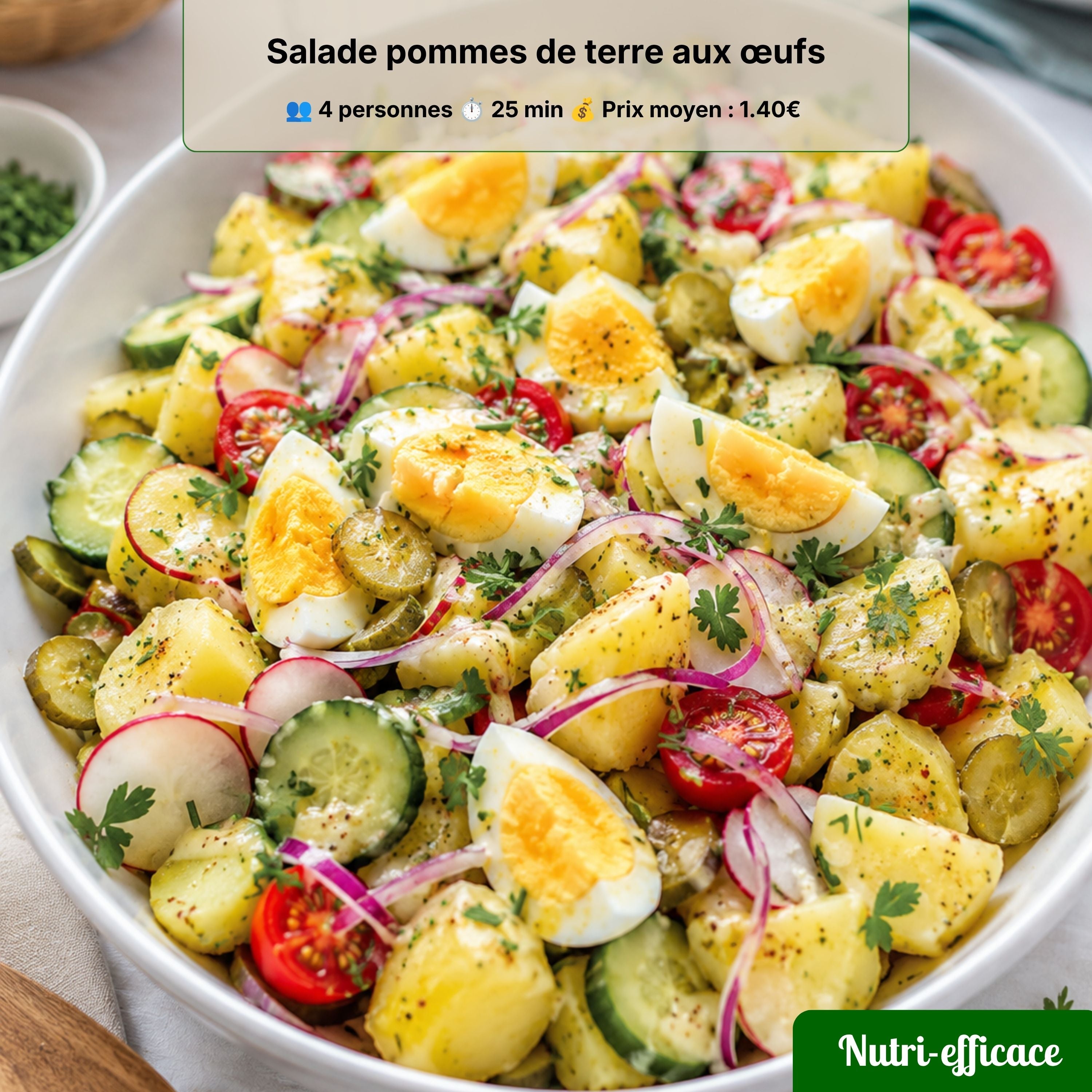 Salade de pommes de terre aux œufs avec tomates cerises, concombre, radis, cornichons, oignon rouge et herbes fraîches