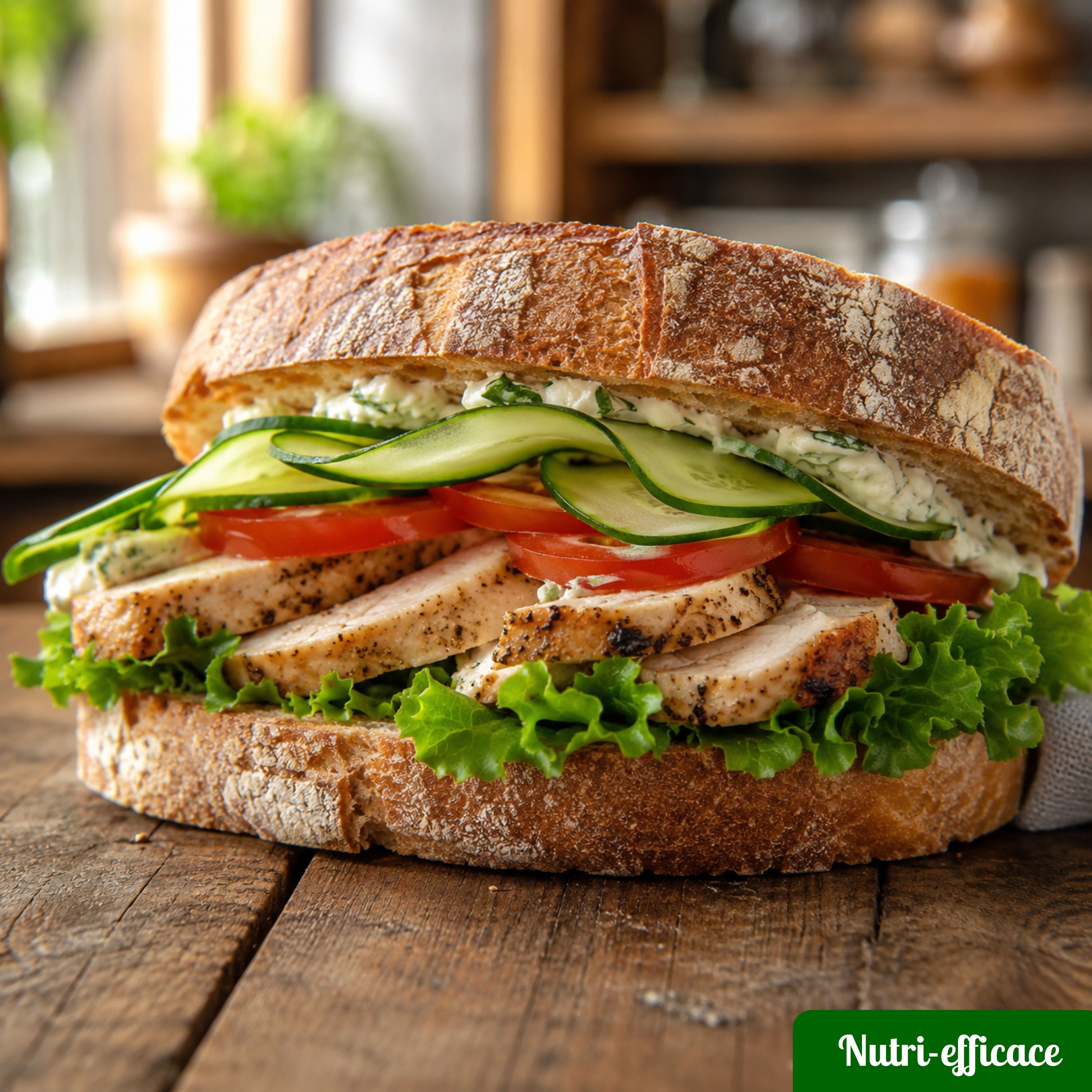 Sandwich maison au poulet, concombre, tomate, salade et sauce légère dans un pain croustillant.