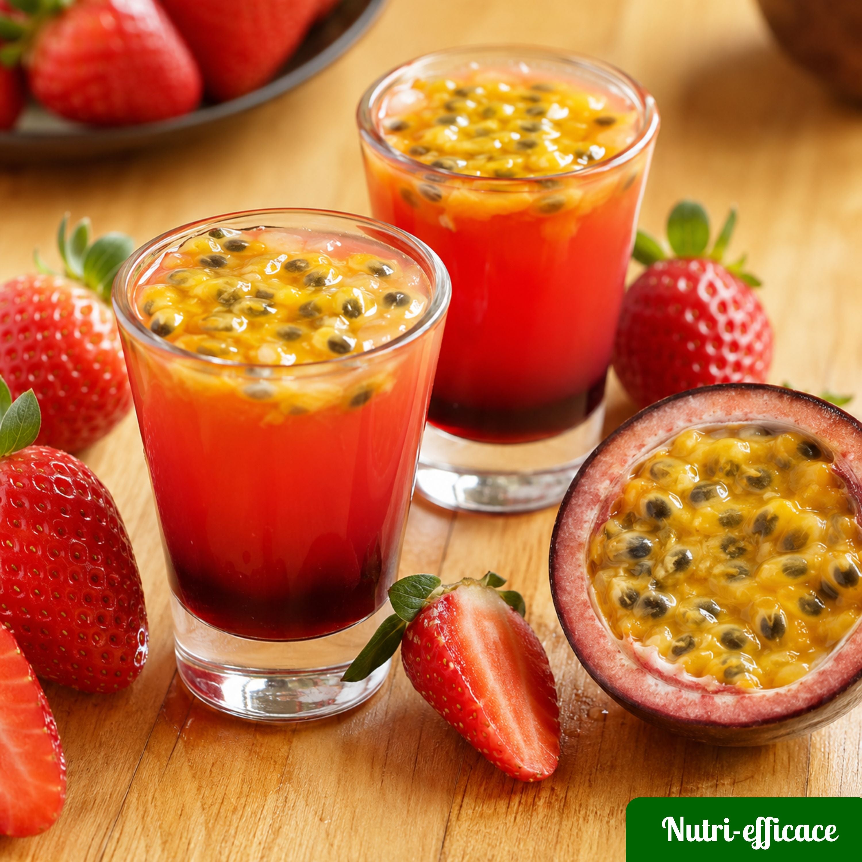 Deux shooters fruités à la fraise et au fruit de la passion, servis dans des verres avec fraises fraîches autour.