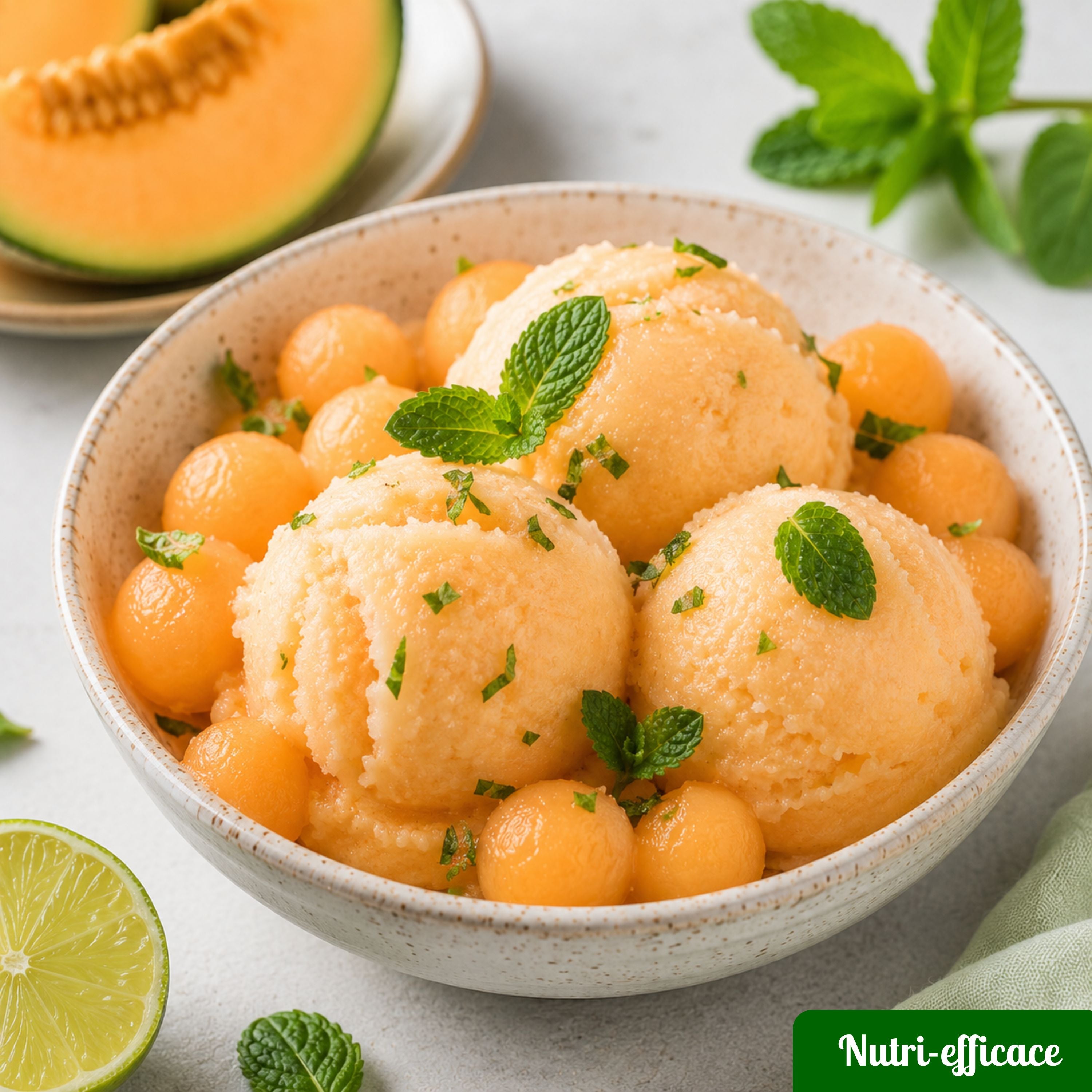 Sorbet maison au melon servi en boules avec billes de melon frais et feuilles de menthe.