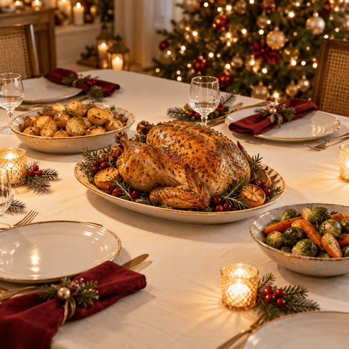 Table de Noël familiale avec volaille rôtie, pommes de terre et légumes