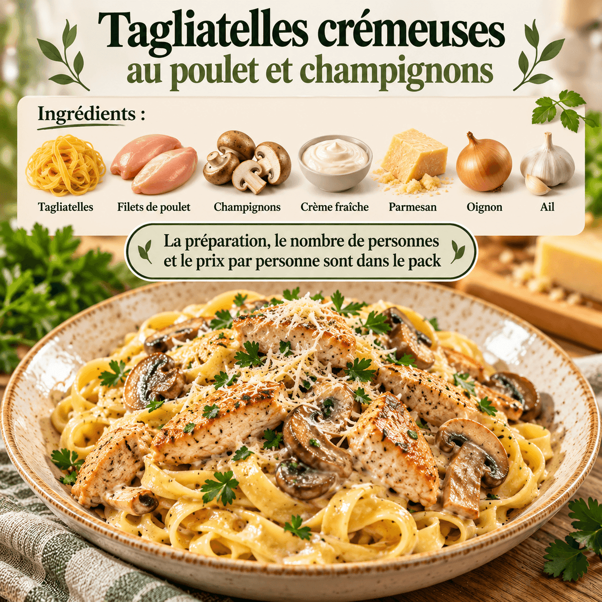 Assiette de tagliatelles crémeuses au poulet et aux herbes, recette de plat maison Nutri-Efficace.