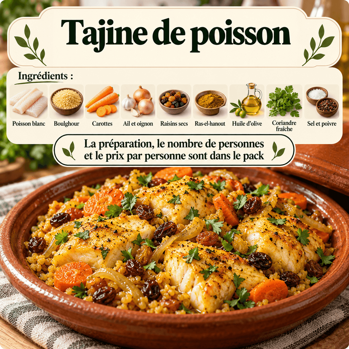 Tajine de poisson blanc aux carottes, boulgour, raisins secs et épices douces, servi dans un plat traditionnel.