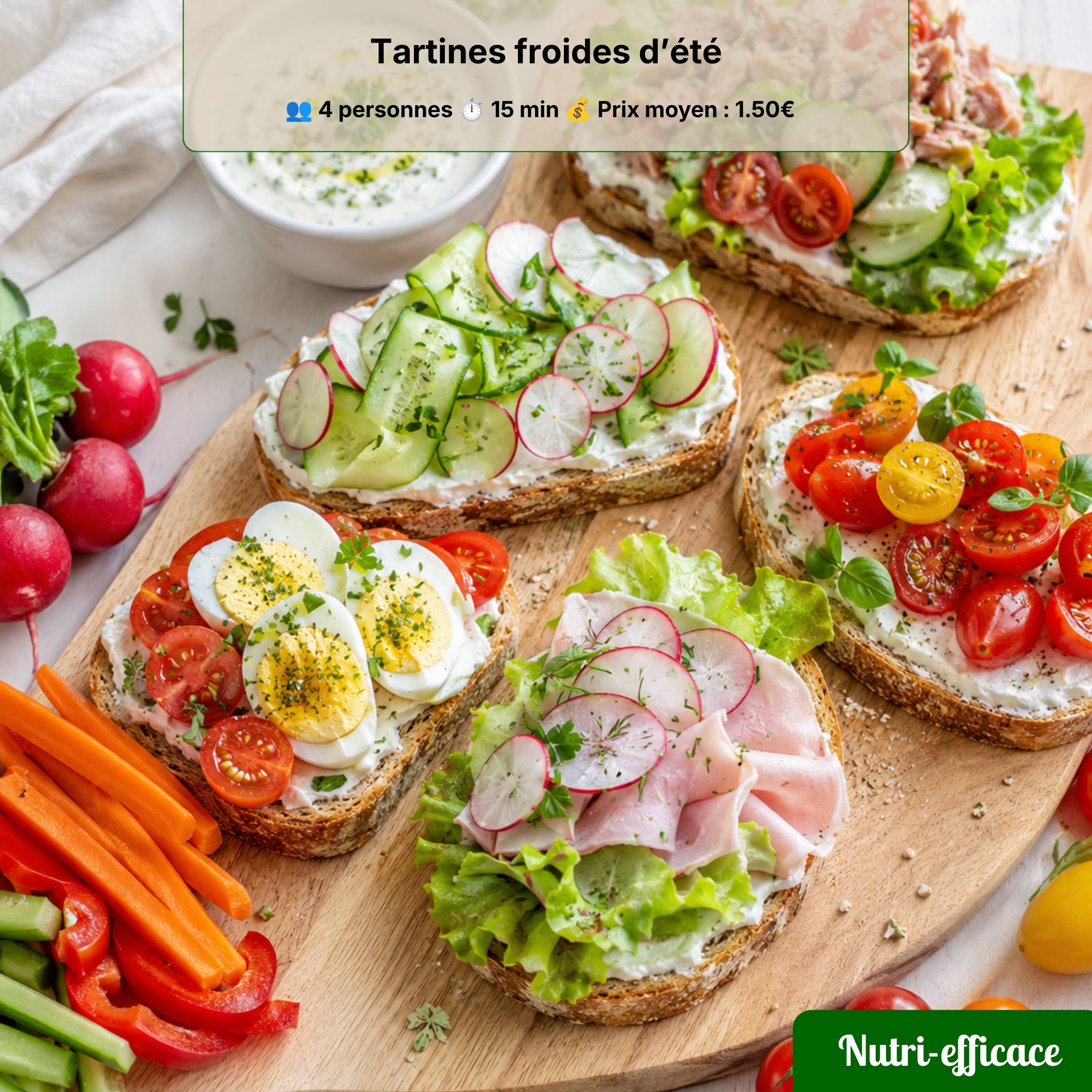 Tartines froides d’été avec fromage frais, œufs, tomates, concombre, radis, jambon et crudités