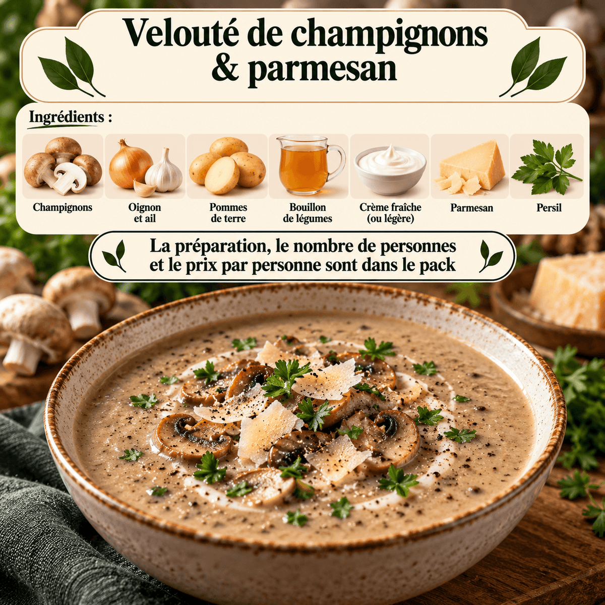 Velouté crémeux de champignons au parmesan, garni de champignons poêlés et de copeaux de fromage.
