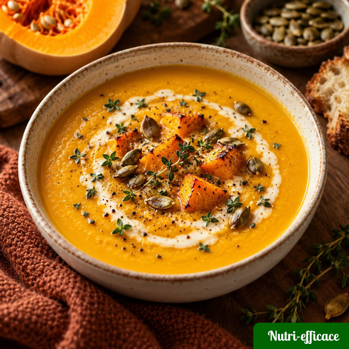 Velouté de courge crémeux aux graines et herbes, recette d’automne