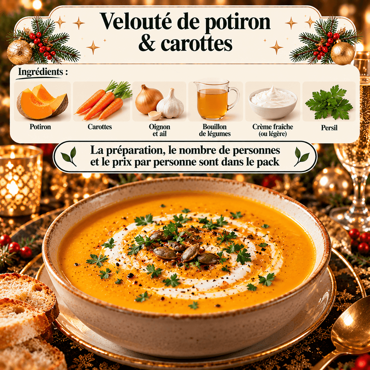 Velouté de potiron et carottes servi dans un bol, avec une garniture crémeuse et des herbes fraîches.