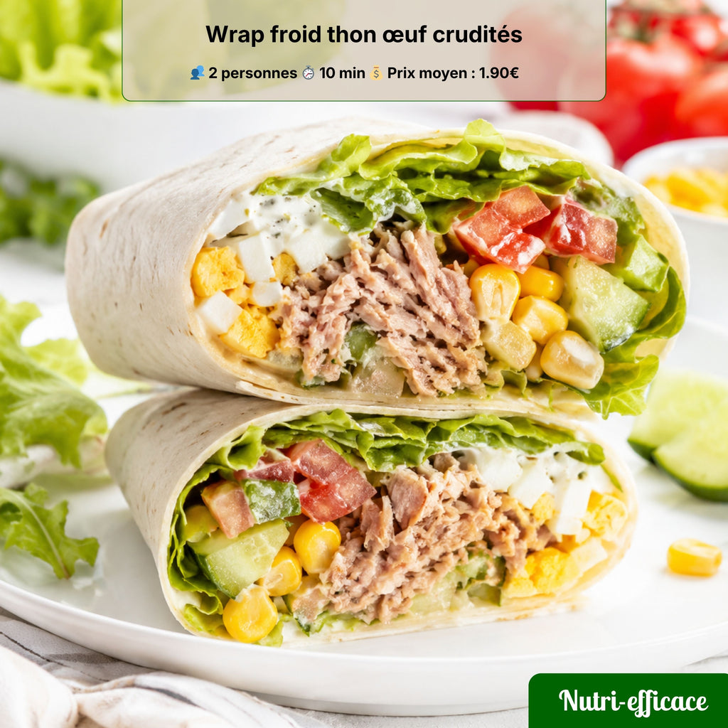 Wrap froid au thon et œuf avec salade, tomate, concombre, maïs et sauce légère, recette rapide et économique Nutri-Efficace