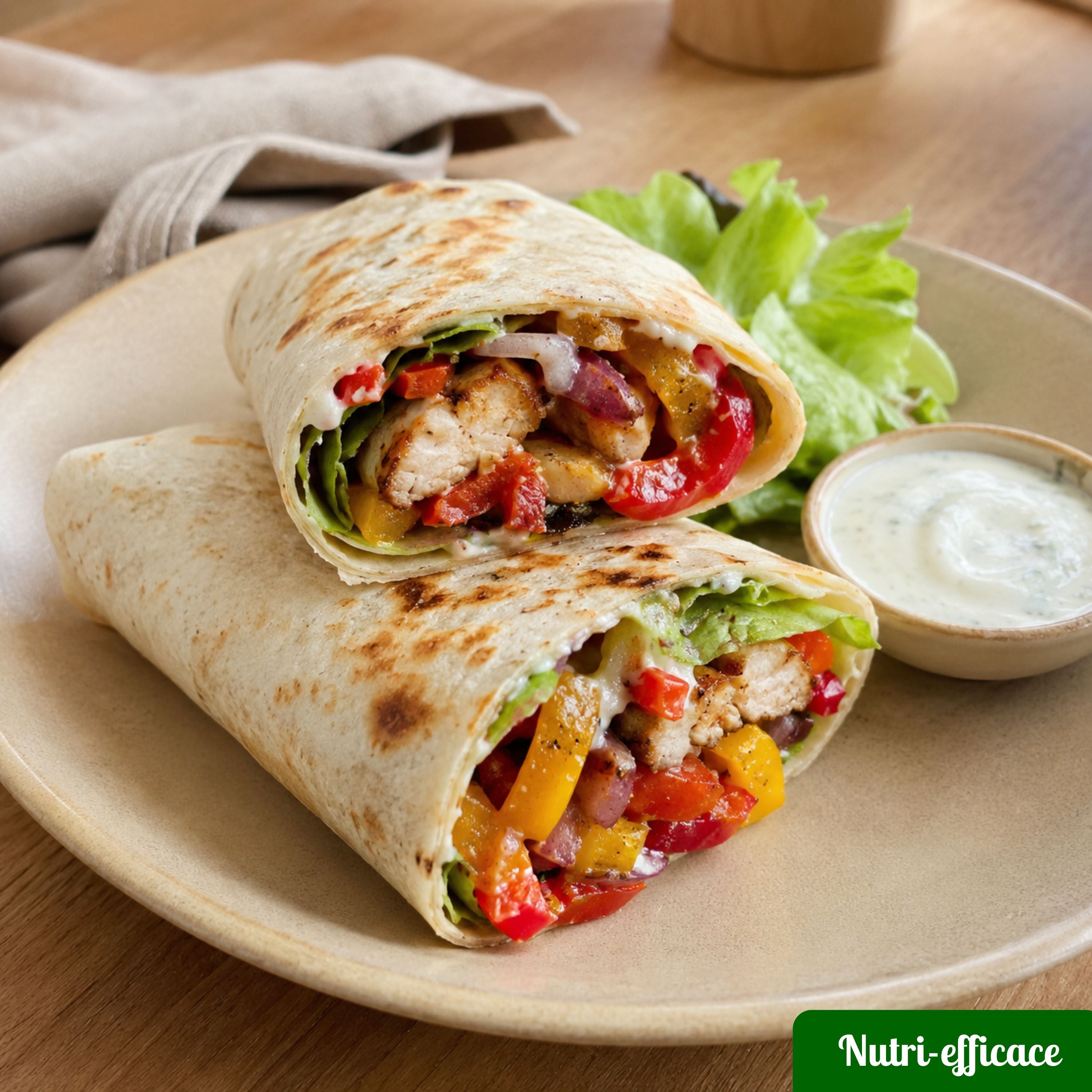Wrap maison au poulet grillé, poivrons, salade et sauce yaourt, coupé en deux pour une recette rapide et économique