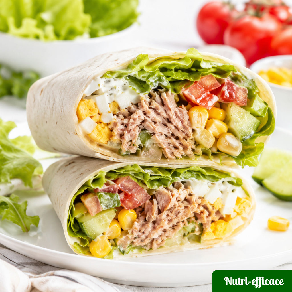 Wrap au thon, œuf, maïs, tomate, concombre et salade verte, coupé en deux, recette rapide et équilibrée.