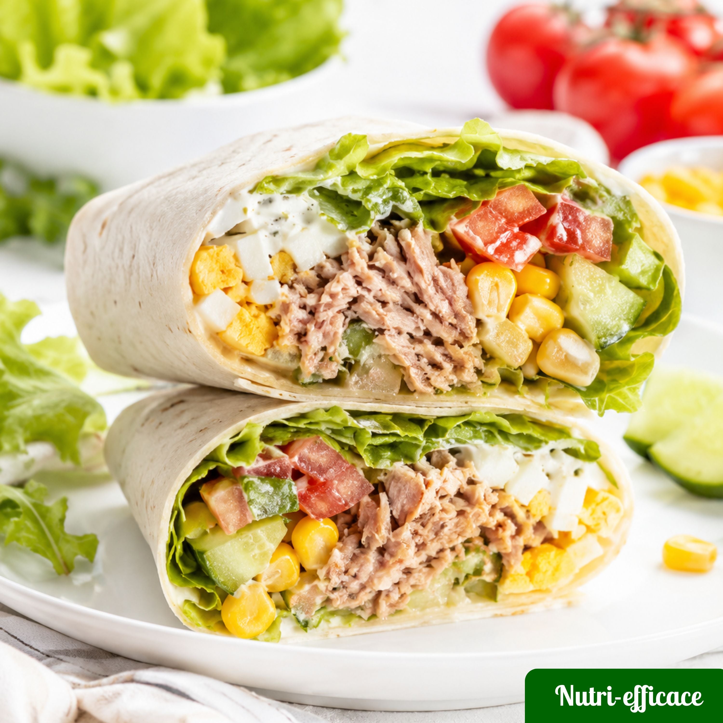Wrap au thon, œuf, maïs, tomate, concombre et salade verte, coupé en deux, recette rapide et équilibrée.