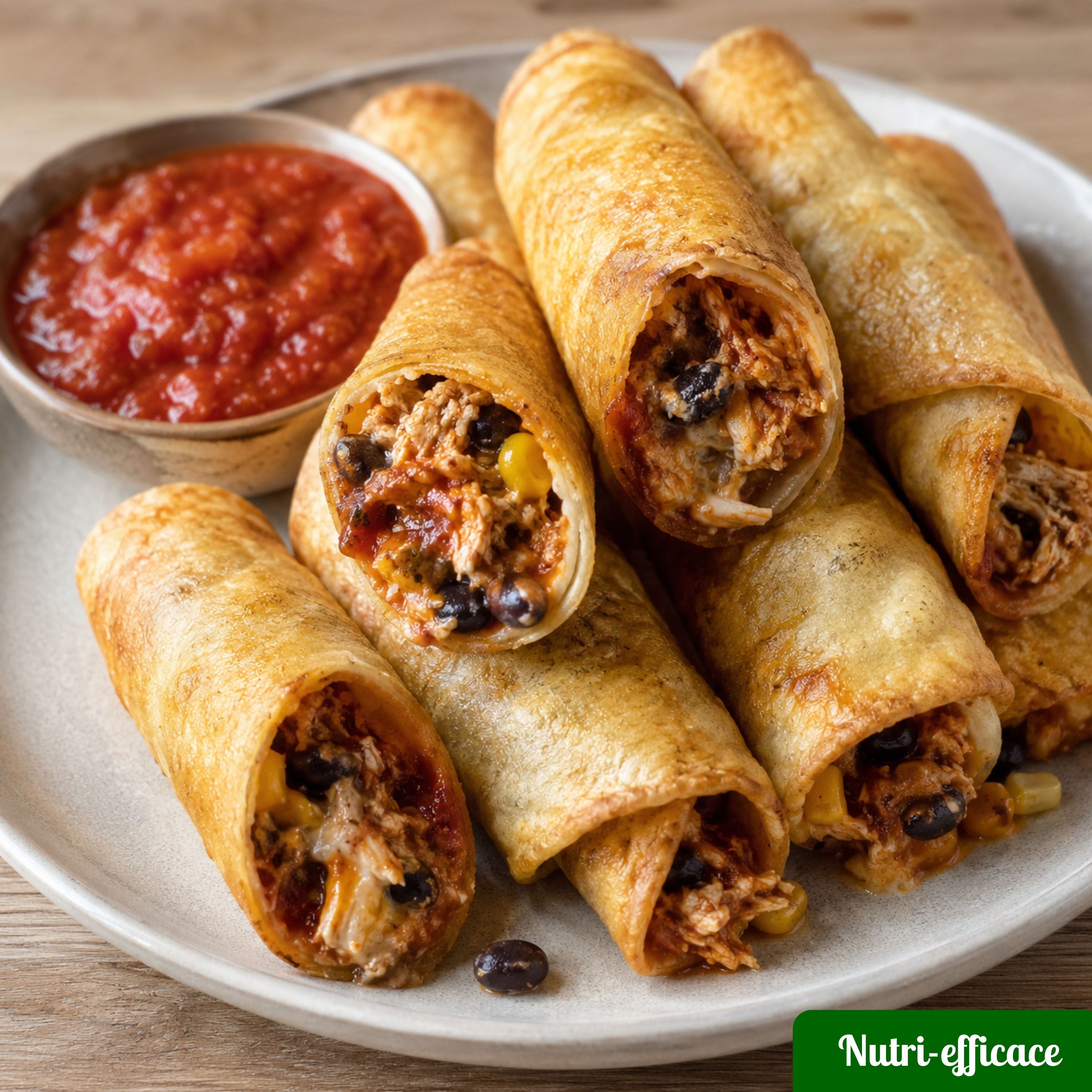 Wraps croustillants cuits à l’air fryer garnis de poulet, haricots noirs, maïs et sauce tomate, recette rapide et économique.